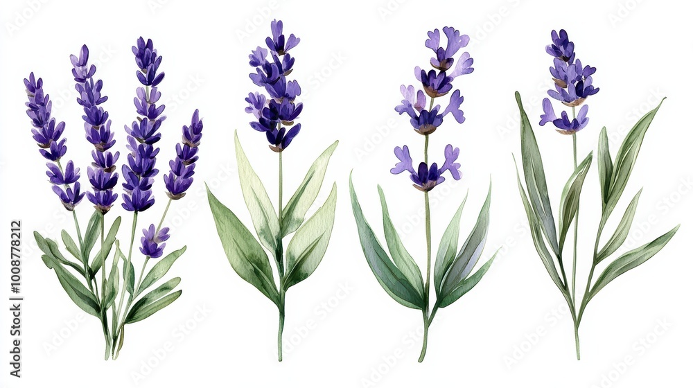 Naklejka premium A stunning collection of vibrant lavender flowers illustrated in intricate detail, showcasing their beauty and elegance in nature.