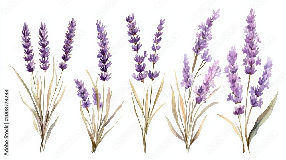 Naklejka premium A beautiful watercolor illustration of various lavender flowers, capturing their delicate beauty and soothing purple tones, perfect for decor.