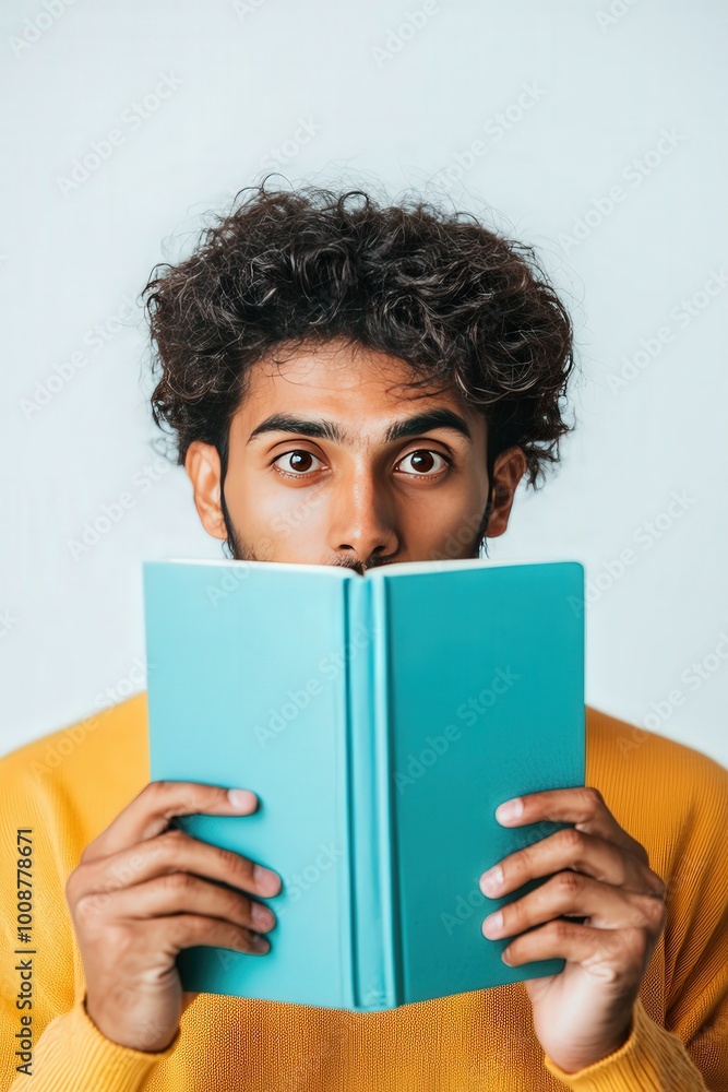 A surprised young man holds a book in front of his face, displaying curiosity and engagement with reading. His expression conveys a sense of wonder and intrigue. A surprised young man holds a book in front of his face, displaying curiosity and engagement with reading. His expression conveys a sense of wonder and intrigue.