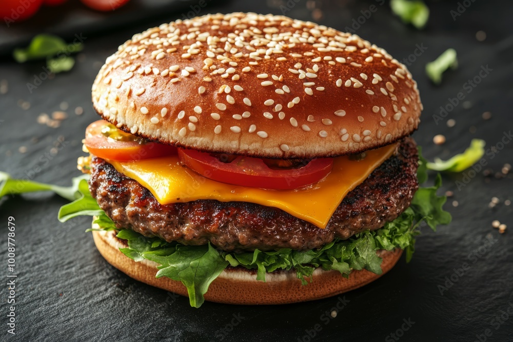 Delicious Cheeseburger with Sesame Seed Bun and Lettuce Delicious Cheeseburger with Sesame Seed Bun and Lettuce
