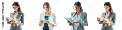 set of A confident business woman interfacing with a tablet holographic data, woman, entrepreneur, holographic, data interface, png file, business woman, on a transparent backgrounds