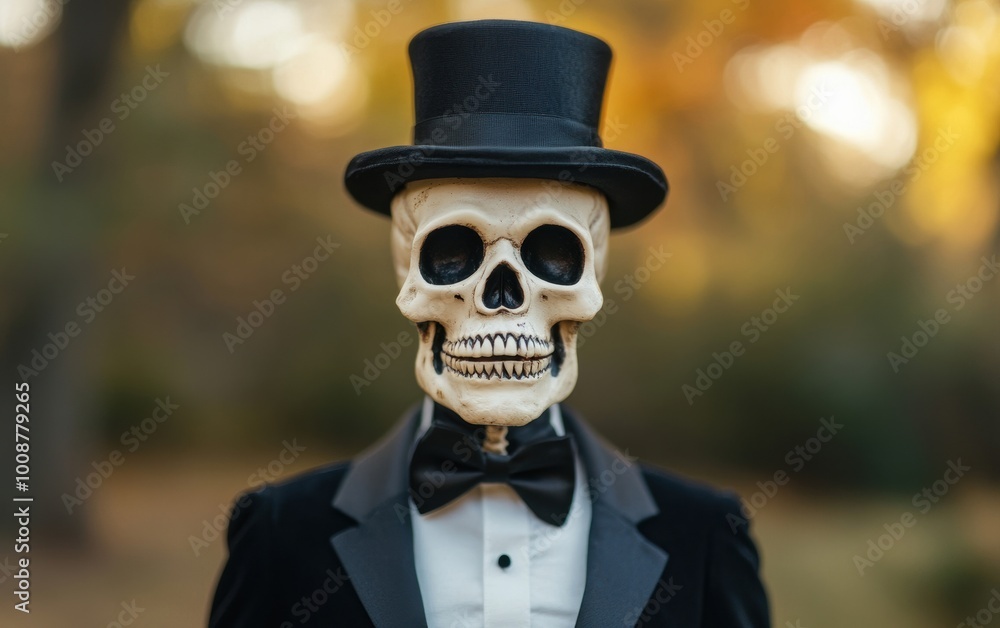 A dapper skeleton wearing a top hat and tuxedo, set against a blurred autumn background, perfect for Halloween-themed designs. A dapper skeleton wearing a top hat and tuxedo, set against a blurred autumn background, perfect for Halloween-themed designs.