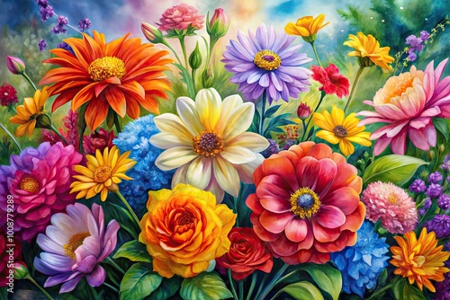 Wallpaper Mural Vibrant Watercolor Painting of Colorful Flowers on Canvas Capturing Nature's Beauty and Elegance Torontodigital.ca