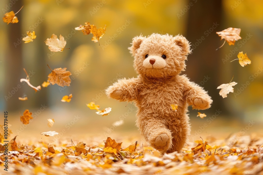 A cute teddy bear joyfully runs through a vibrant autumn landscape, surrounded by colorful falling leaves, capturing the essence of seasonal playfulness. A cute teddy bear joyfully runs through a vibrant autumn landscape, surrounded by colorful falling leaves, capturing the essence of seasonal playfulness.
