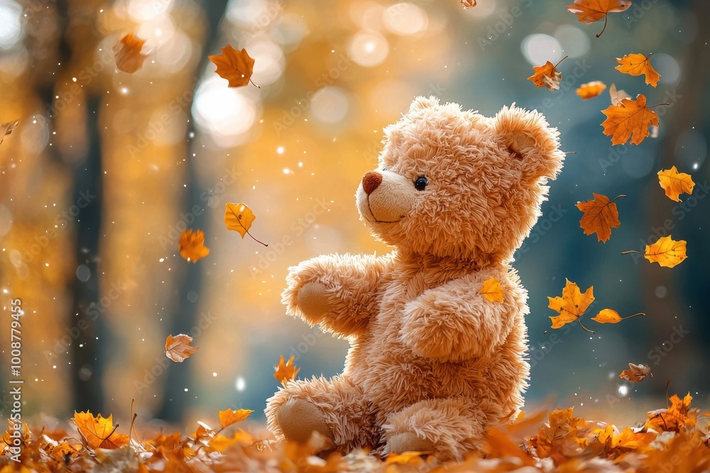 A fluffy teddy bear sits amidst swirling autumn leaves, capturing the essence of a cozy fall day, filled with warmth and nostalgia. A fluffy teddy bear sits amidst swirling autumn leaves, capturing the essence of a cozy fall day, filled with warmth and nostalgia.
