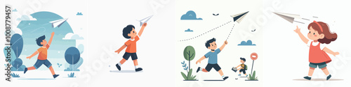 vector set of people playing with paper airplanes in a flat design style