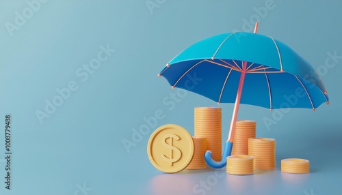 Wallpaper Mural A vibrant blue umbrella shelters golden coins, symbolizing protection and investment in financial security on a soft blue background. Torontodigital.ca