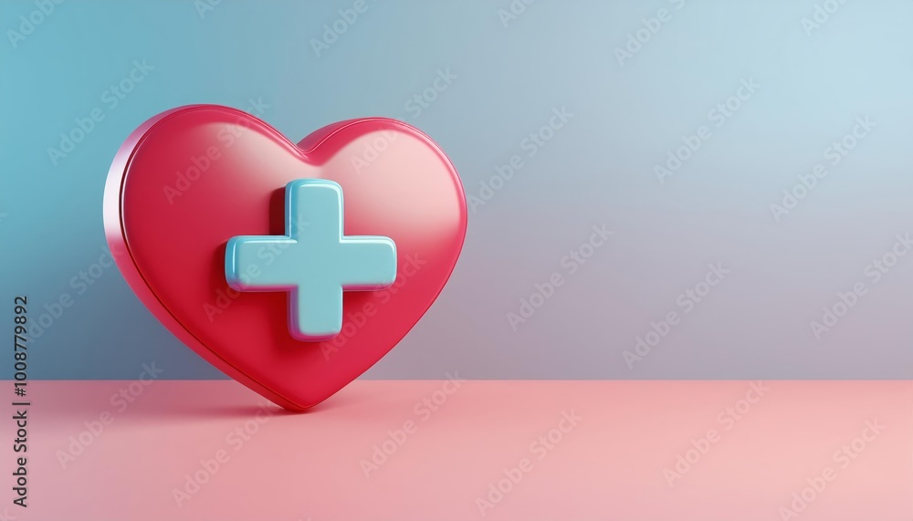 Obraz premium A vibrant heart symbol with a medical cross, set against a gradient background, representing health, care, and wellness.
