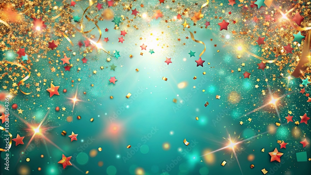 A Celebration of Festive Joys Shimmering Gold Confetti, Sparkling Lights, and Vibrant Stars on a Turquoise Background A Celebration of Festive Joys Shimmering Gold Confetti, Sparkling Lights, and Vibrant Stars on a Turquoise Background