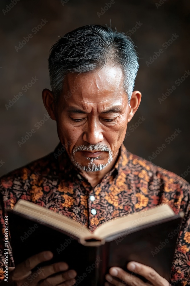 An elderly man deeply engrossed in reading a book, wearing traditional attire. His focused expression reflects wisdom and contemplation, set against a textured background. An elderly man deeply engrossed in reading a book, wearing traditional attire. His focused expression reflects wisdom and contemplation, set against a textured background.