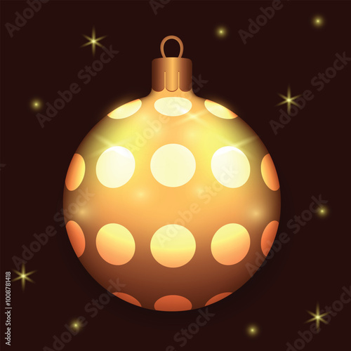 Beautiful gold Christmas balls with circle patterns on a dark background with glitter. Decorations for New Year tree and Christmas design. Vector realistic object Illustration 10 EPS