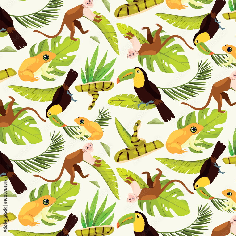 Fototapeta premium Tropical Animals and Foliage Pattern