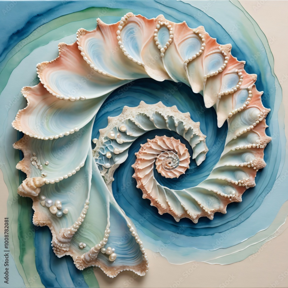 Nature's spiral shell pattern, a fractal flower from the sea, is a blue art design wallpaper Nature's spiral shell pattern, a fractal flower from the sea, is a blue art design wallpaper