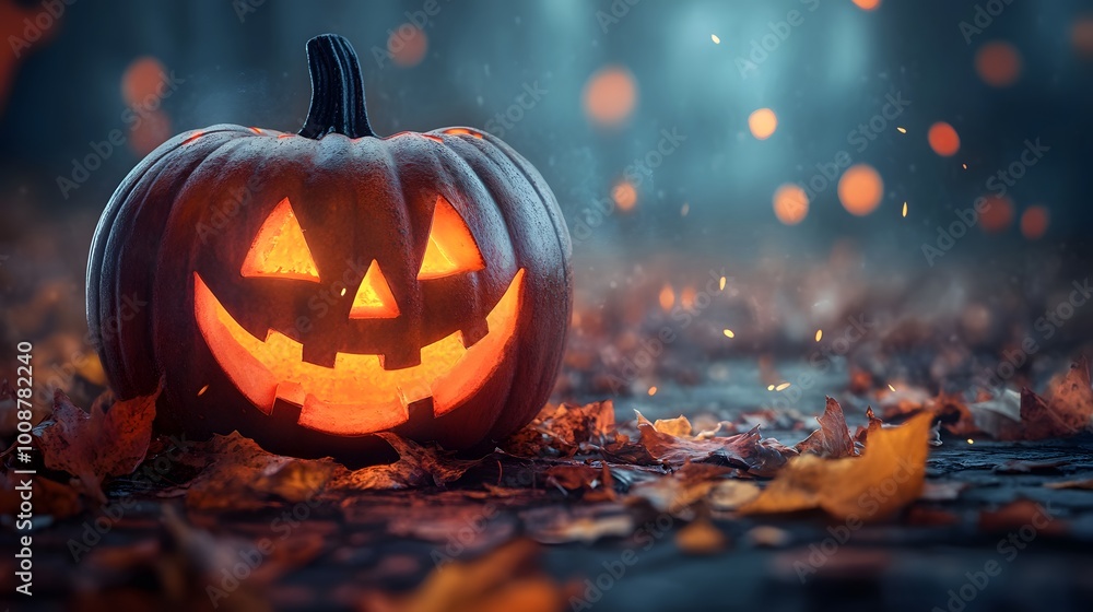 A large orange moon is in the sky above a tree with a pumpkin on the ground. The scene is dark and eerie, with the moon casting a pale light on the pumpkin. The atmosphere is spooky and mysterious A large orange moon is in the sky above a tree with a pumpkin on the ground. The scene is dark and eerie, with the moon casting a pale light on the pumpkin. The atmosphere is spooky and mysterious