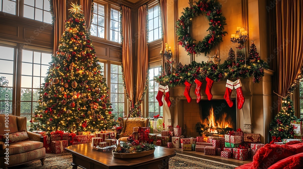 Fototapeta premium Cozy Christmas living room with fireplace and tree.