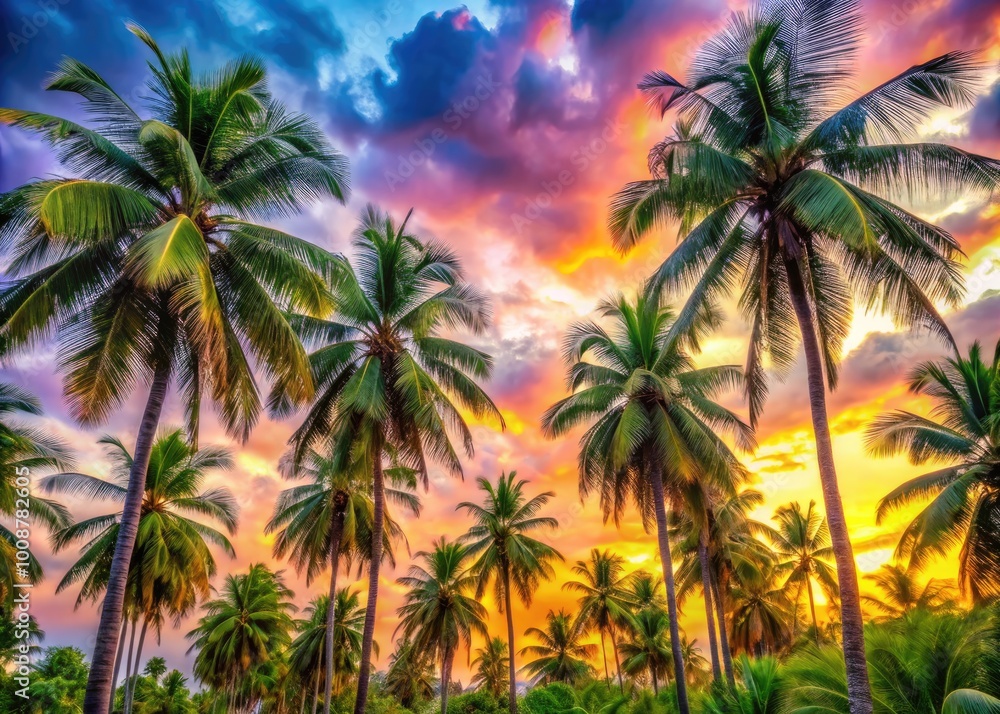 Obraz premium Vibrant Watercolor Palm Trees in Tropical Paradise with Lush Greenery and Dreamy Sky Backgrounds