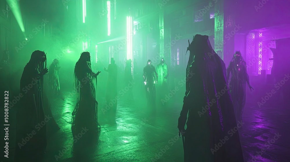 Obraz premium A foggy Halloween-themed concert in a neon-lit city, with guests in creepy futuristic costumes and glowing green lights on stage.