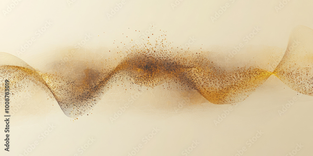 Abstract digital artwork of a flowing golden wave made of particles and ...