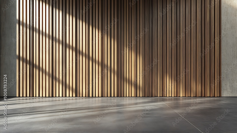 Wall with wood background. Panels with wood texture. Vertical slats in the interior design of an empty studio room. 3D architecture with window shadow overlay. Wall with wood background. Panels with wood texture. Vertical slats in the interior design of an empty studio room. 3D architecture with window shadow overlay.