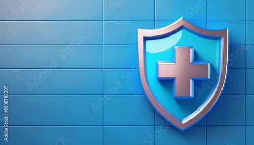 A stylized blue shield with a white cross, representing health protection, set against a textured blue background. photo