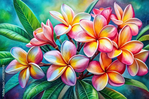 Vibrant Watercolor Plumeria Flowers with Soft Pastel Background in Artistic Floral Design Style
