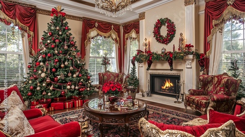 Festive living room with Christmas tree and fireplace.