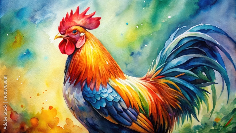 Fototapeta premium Vibrant Watercolor Rooster Painting Showcasing Rich Colors and Artistic Flair for Home Decor Use