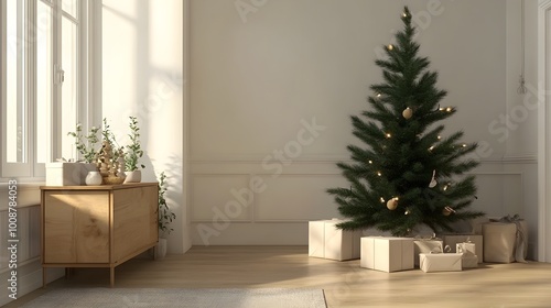 A 3D illustration of a Scandinavian-style room featuring a simple Christmas tree adorned with natural decorations, embodying minimalism and a cozy holiday atmosphere 