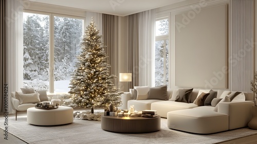 A 3D illustration of a modern living room with minimalist Christmas decor, featuring a sleek tree and elegant holiday accents, embodying a clean and sophisticated holiday style 