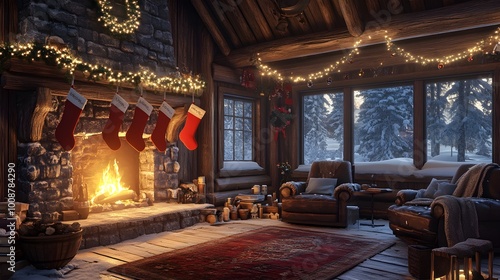 A 3D illustration of a rustic cabin interior adorned with glowing Christmas lights and stockings hanging by the fireplace, creating cozy and warm holiday vibes  photo