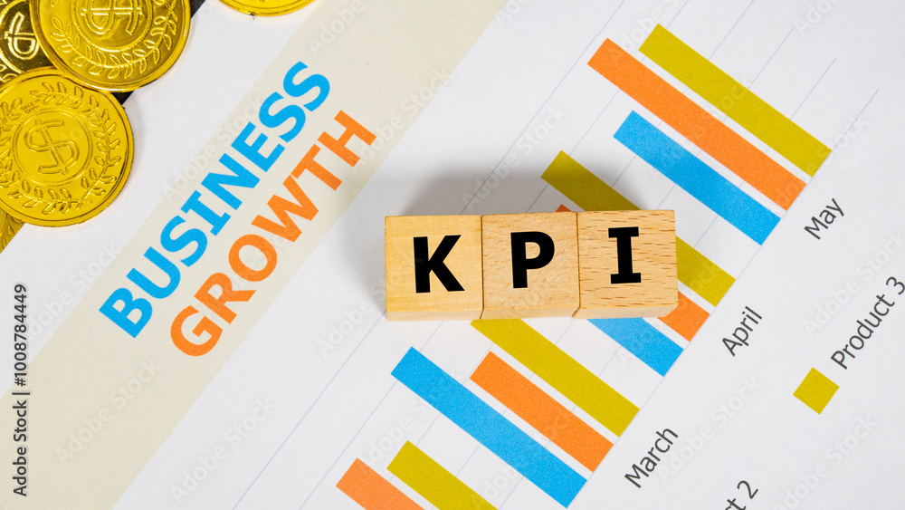 Obraz premium Three wooden blocks with the word KPI on a graph sheet with a pile of gold coins. Abbreviation for Key Performance Indicator, growth business and investment. Business and financial market concept.