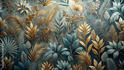 A Lush Tapestry of Gold and Teal Foliage, Intertwining and Flourishing in a Symphony of Natural Elegance