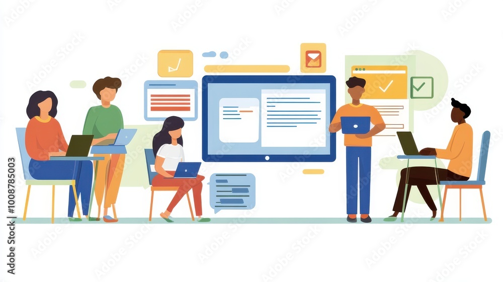 A group of people are sitting around a table with laptops and a large screen A group of people are sitting around a table with laptops and a large screen