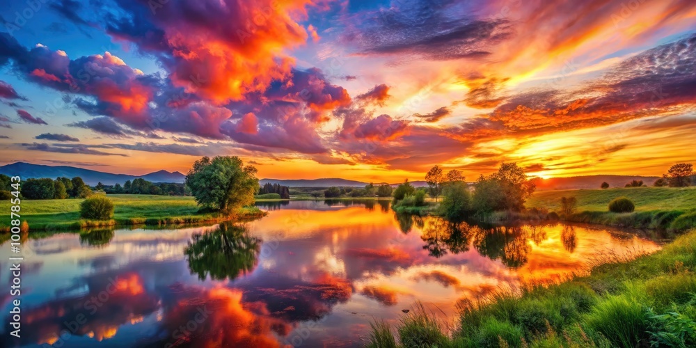 Fototapeta premium Vibrant Watercolor Sunset Over Tranquil Landscape with Rich Hues and Soft Blending Techniques