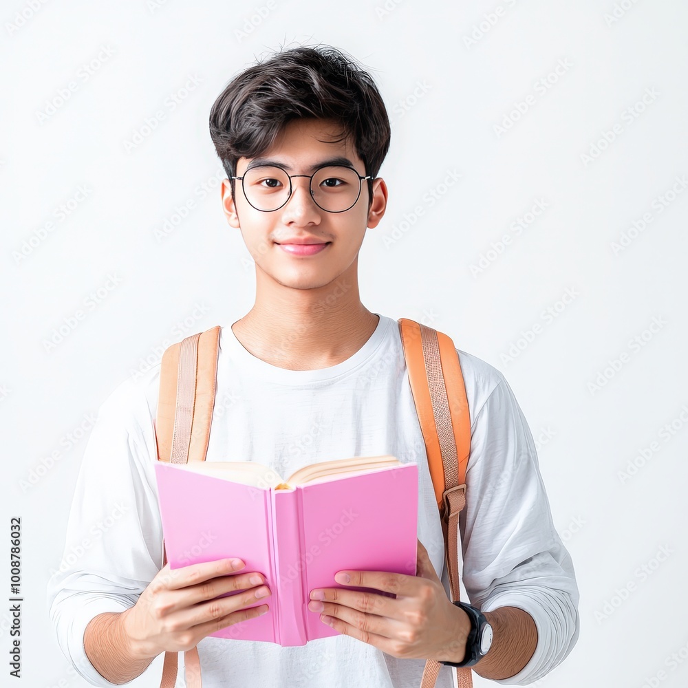 A young man is smiling while holding a pink book in a bright indoor setting. His glasses and casual attire highlight a joyful reading moment perfect for educational themes. A young man is smiling while holding a pink book in a bright indoor setting. His glasses and casual attire highlight a joyful reading moment perfect for educational themes.
