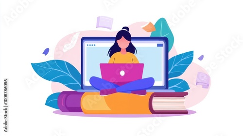 Wallpaper Mural A woman is sitting on a book and laptop Torontodigital.ca