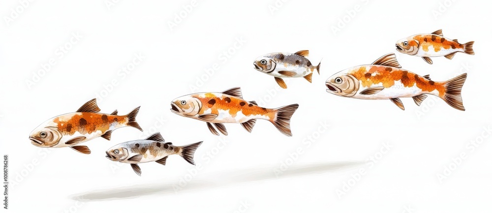 This is a realistic illustration of atlantic salmon (Salmo salar). There are babies, adults living in the sea, and an adult male in love. This is a realistic illustration of atlantic salmon (Salmo salar). There are babies, adults living in the sea, and an adult male in love.