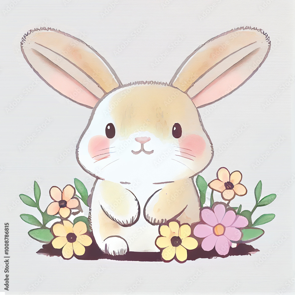 Fototapeta premium Adorable bunny with flowers in a watercolor illustration evokes a sense of charm and innocence