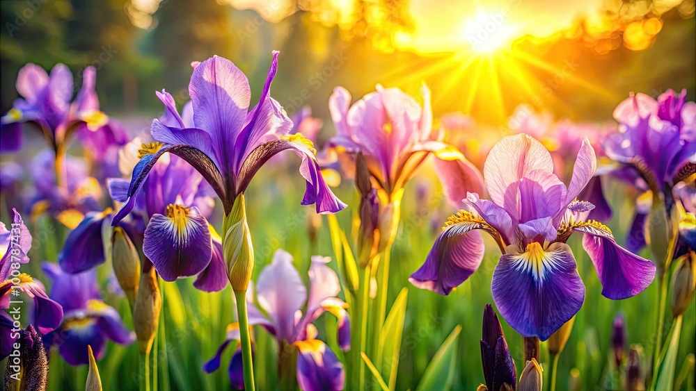 Vibrant Wild Iris Blooming in Nature: A Beautiful Close-Up of Purple and Yellow Petals in Sunlight Vibrant Wild Iris Blooming in Nature: A Beautiful Close-Up of Purple and Yellow Petals in Sunlight