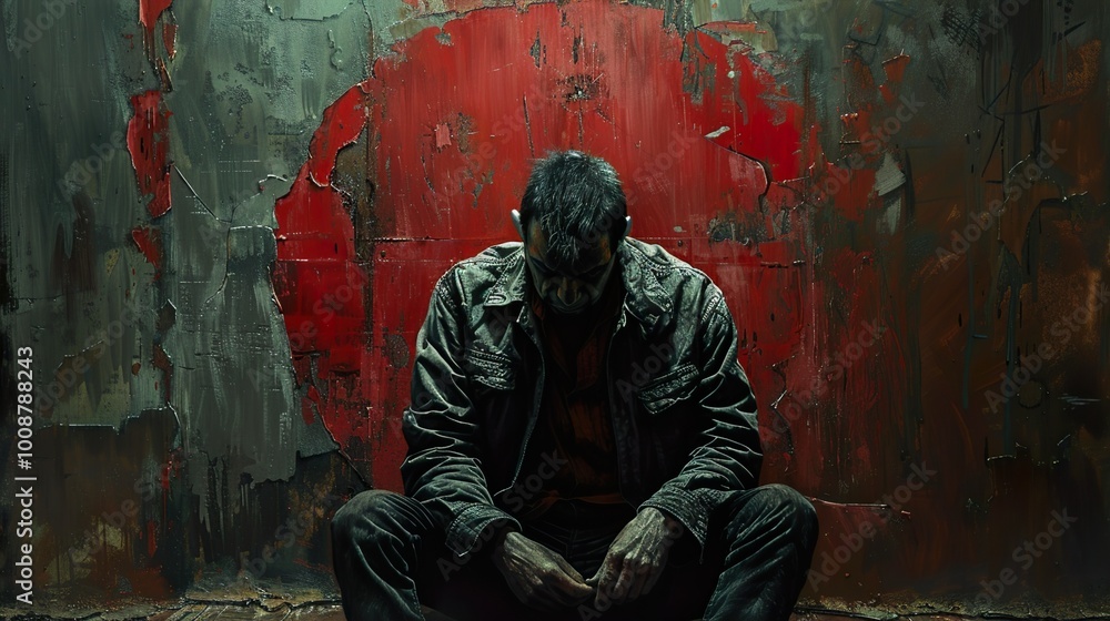 Man Sitting Against a Red Wall - A Study in Despair Man Sitting Against a Red Wall - A Study in Despair