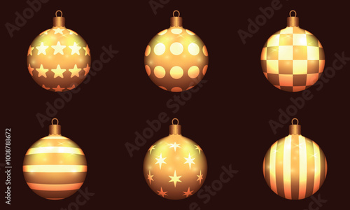 Beautiful gold Christmas balls with star, circle, stripes and square patterns. Decorations for New Year tree and Christmas design. Vector realistic object Illustration 10 EPS