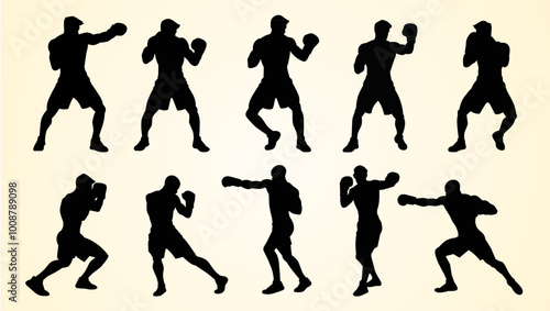 Silhouettes of boxers in various stances and action poses, throwing punches and guarding, showcasing different boxing techniques and movements on a light background.