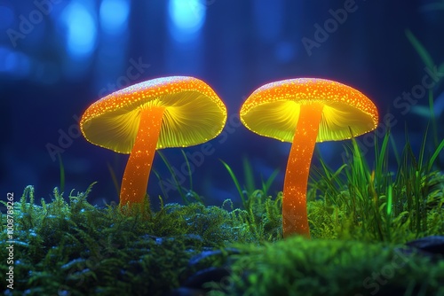 Psilocybin mushrooms, 3D illustration. Commonly known as magic mushrooms, a group of fungi that contain psilocybin which turns into psilocin upon ingestion and cause the psychedelic effects
 photo