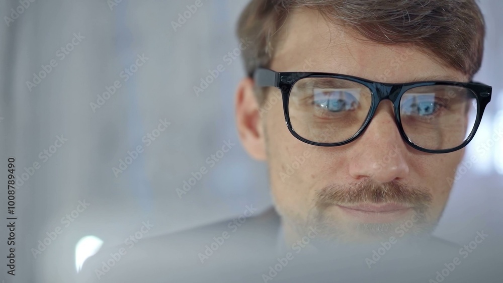 Businessman with glasses looking intently obscured partially by a translucent surface of laptop. Business concept Businessman with glasses looking intently obscured partially by a translucent surface of laptop. Business concept