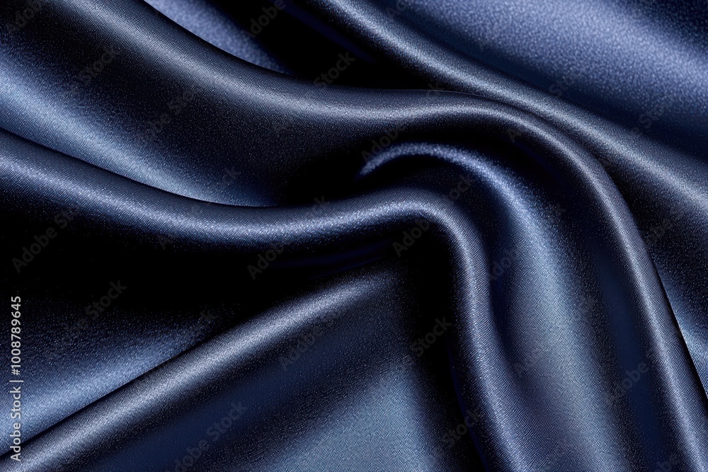 Close-up of luxurious navy blue satin fabric, exhibiting a smooth texture and elegant sheen, perfect for fashion, design, and textile projects. Close-up of luxurious navy blue satin fabric, exhibiting a smooth texture and elegant sheen, perfect for fashion, design, and textile projects.