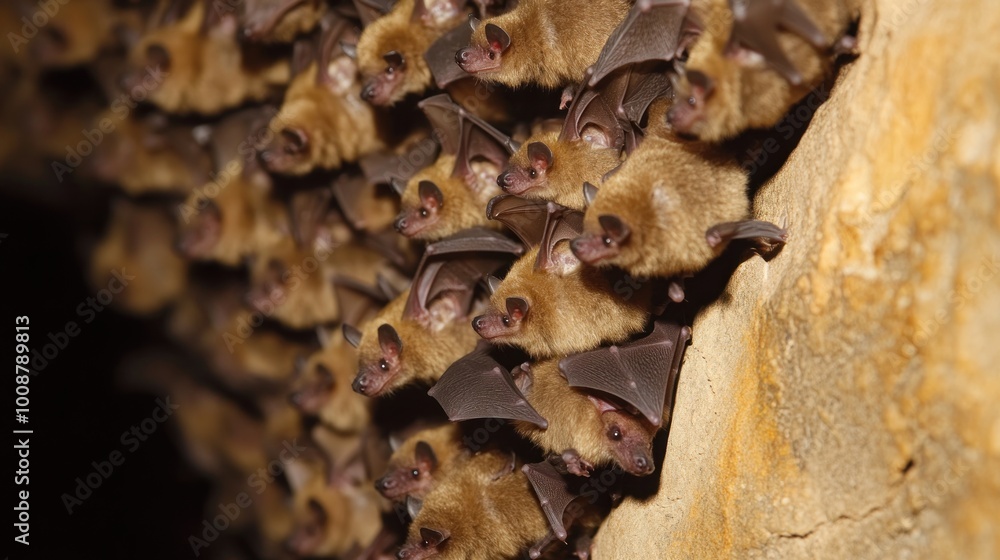 A cluster of bats hanging closely together in a cave. A cluster of bats hanging closely together in a cave.
