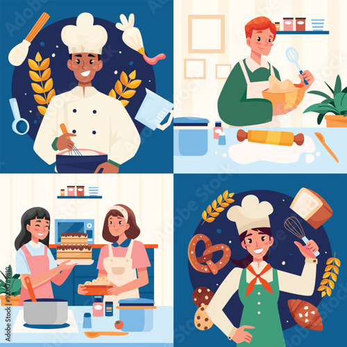 Cheerful Baking Scenes in Four Panels