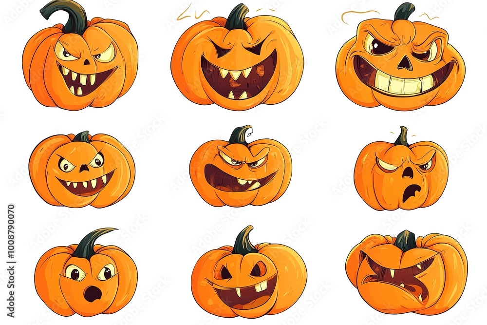 Set of Halloween pumpkins with cut out faces. Scary, fun, smiles for pumpkins. Vector illustration
Set of Halloween pumpkins with cut out faces. Scary, fun, smiles for pumpkins. Vector illustration
