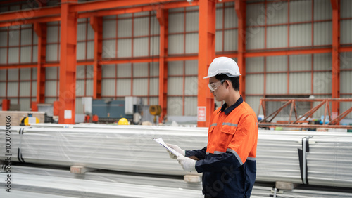 Foto A man in an orange and blue safety suit is looking at a clipboard