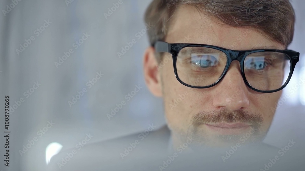 Businessman with glasses looking intently obscured partially by a translucent surface of laptop. Business people concept Businessman with glasses looking intently obscured partially by a translucent surface of laptop. Business people concept